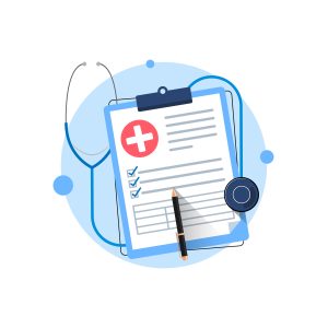 Health care check list on a clipboard with a stethoscope