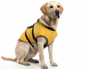 Yellow Labrador dog with service vest 