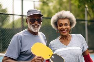 Pickleball couple on outdoor court 